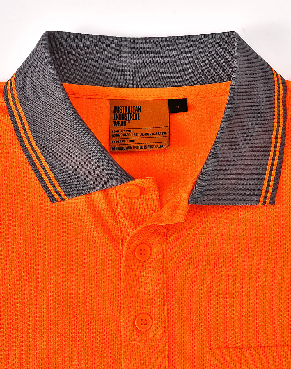 products/WORKWEAR AIW/SW86/Orange&Charcoal/SW86_FluoroOrangeCharcoal_Collar&Placket.jpg